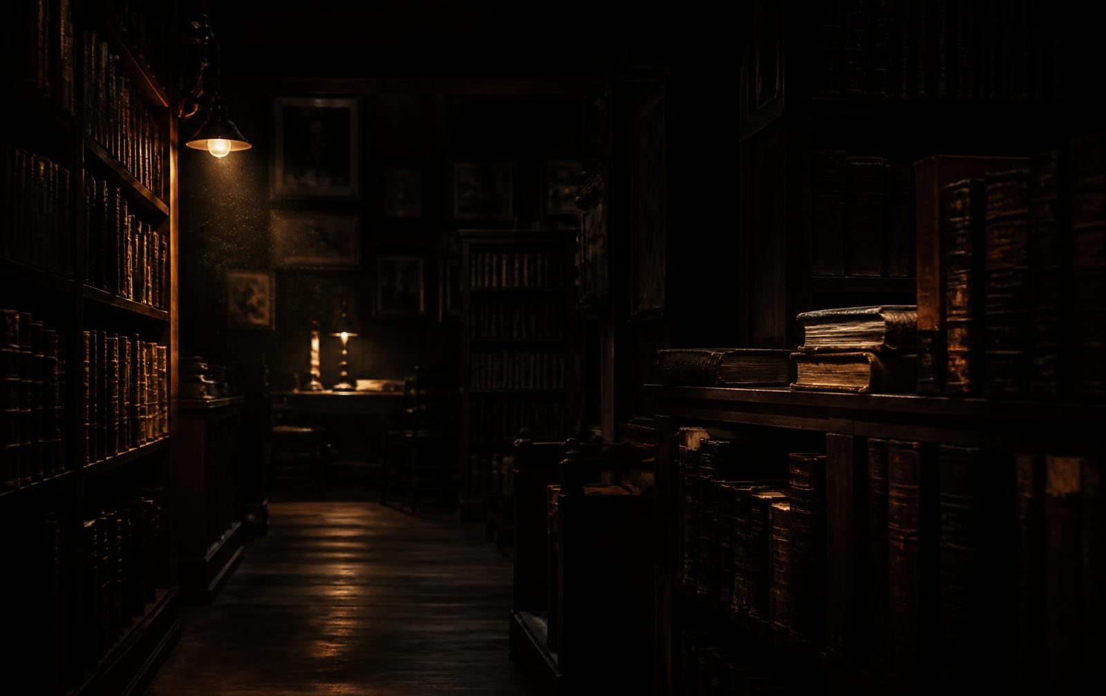 Rayonnages d'une librairie ancienne éclairés par une lampe la nuit